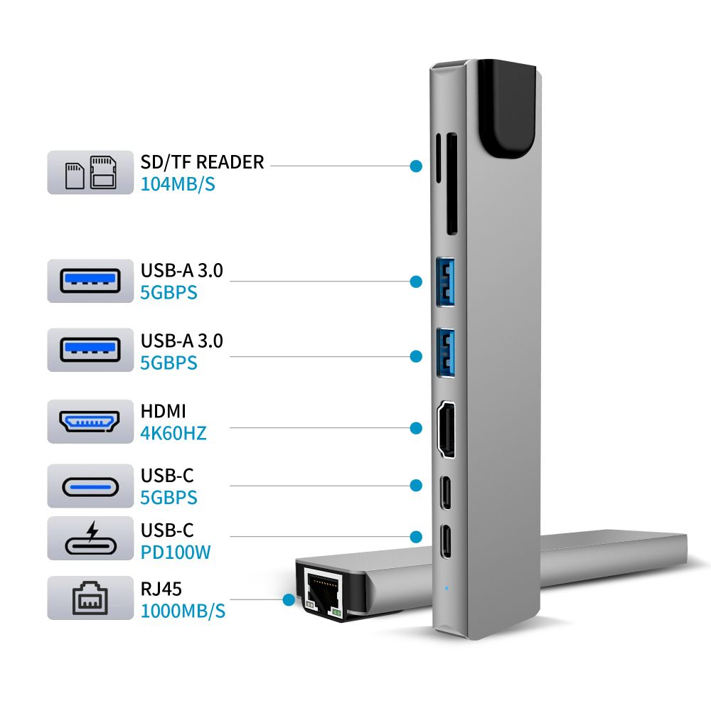 USB-C-hub Tech-Protect HB09, 2 x USB-A 3.0 - 2 x USB-C - 1 x HDMI - 1 x RJ45 - 1 x SD - 1 x microSD, Grå
