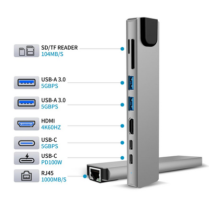 USB-C-hub Tech-Protect HB09, 2 x USB-A 3.0 - 2 x USB-C - 1 x HDMI - 1 x RJ45 - 1 x SD - 1 x microSD, Grå