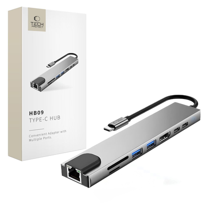 USB-C-hub Tech-Protect HB09, 2 x USB-A 3.0 - 2 x USB-C - 1 x HDMI - 1 x RJ45 - 1 x SD - 1 x microSD, Grå