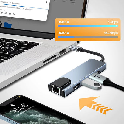 Hub USB-C Techsuit H1 NetBridge, 5in1, Grå