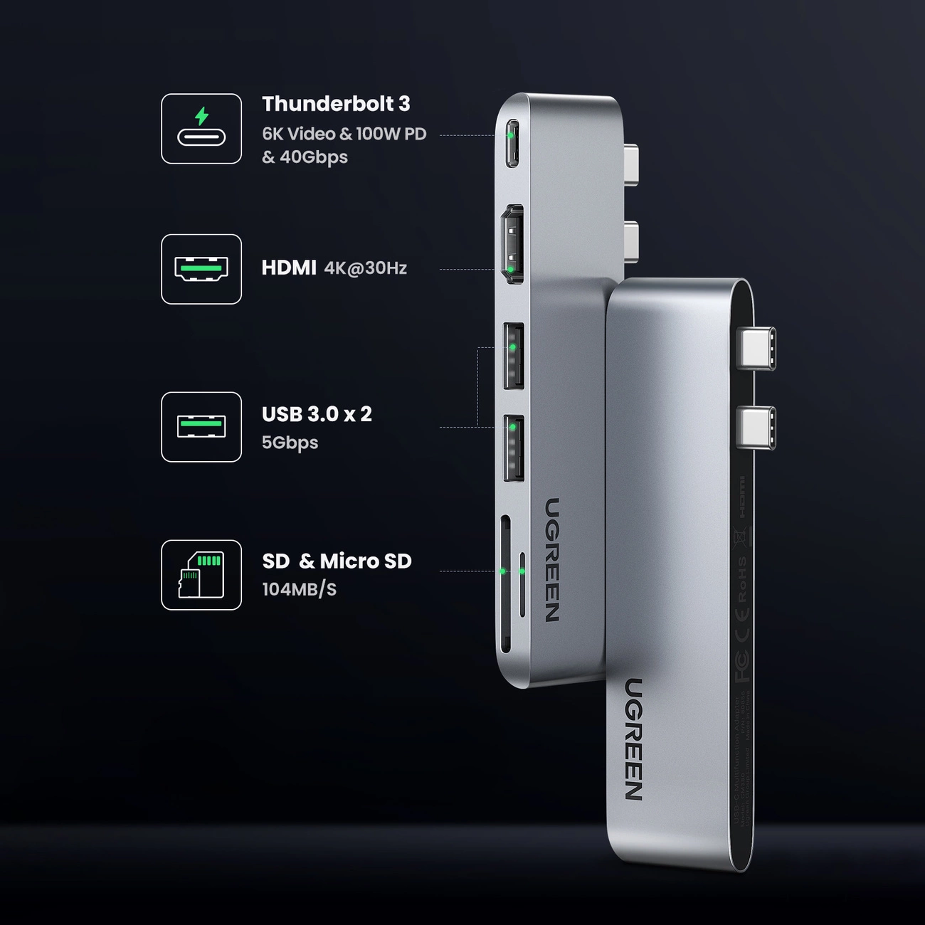 USB-C-hub UGREEN CM380 (80856) for Apple MacBook Pro / Air Series, 2 x USB-A 3.0 - 1 x USB-C - 1 x HDMI - 1 x SD - 1 x microSD