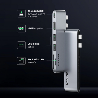 USB-C-hub UGREEN CM380 (80856) for Apple MacBook Pro / Air Series, 2 x USB-A 3.0 - 1 x USB-C - 1 x HDMI - 1 x SD - 1 x microSD