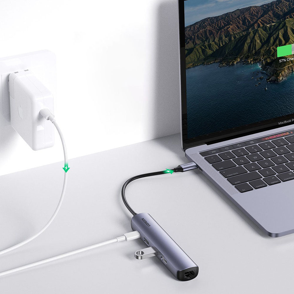 Hub USB-C UGREEN CM418 (10919), 2 x USB-A 3.0 - 1 x USB-C - 1 x HDMI - 1 x RJ45, Grå