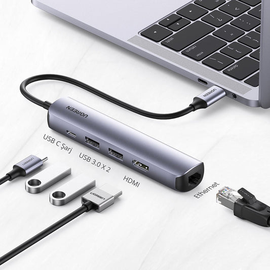 Hub USB-C UGREEN CM418 (10919), 2 x USB-A 3.0 - 1 x USB-C - 1 x HDMI - 1 x RJ45, Grå