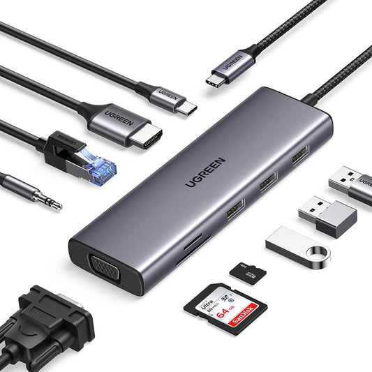 Hub USB-C UGREEN CM498 (15601), 3 x USB-A 3.0 - 1 x USB-C - 1 x HDMI - 1 x VGA - 1 x Jack 3.5mm - 1 x RJ45 - 1 x SD - 1 x microSD, Grå
