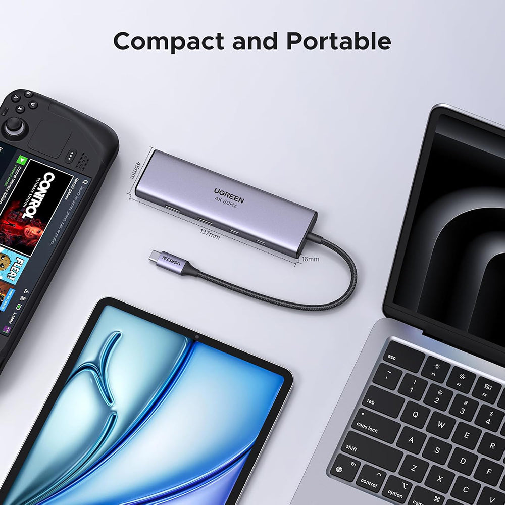 USB-C-hub UGREEN CM498 (15375), 2 x USB-A - 3 x USB-C - 1 x HDMI - 1 x RJ45 - 1 x SD - 1 x microSD, Grå