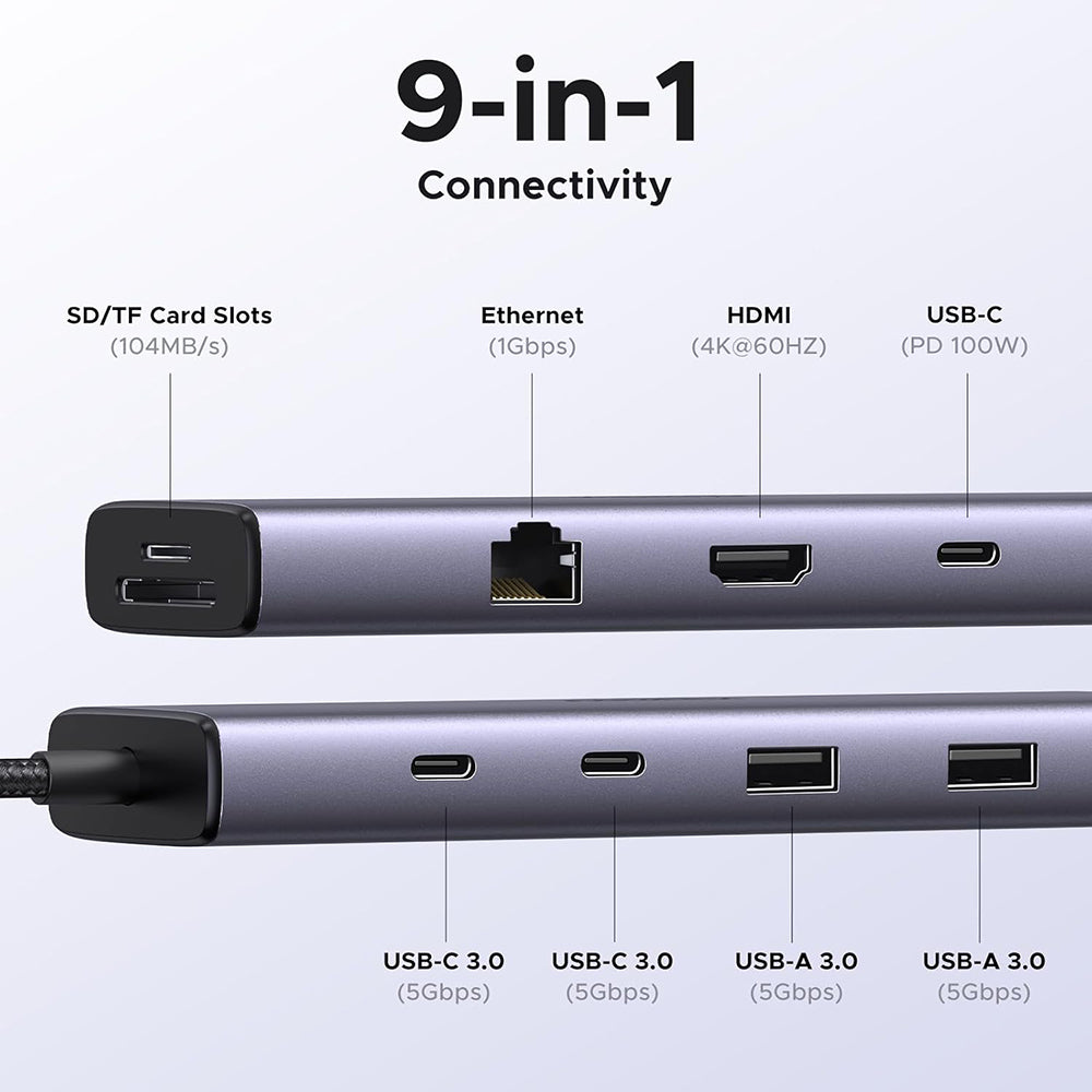 USB-C-hub UGREEN CM498 (15375), 2 x USB-A - 3 x USB-C - 1 x HDMI - 1 x RJ45 - 1 x SD - 1 x microSD, Grå
