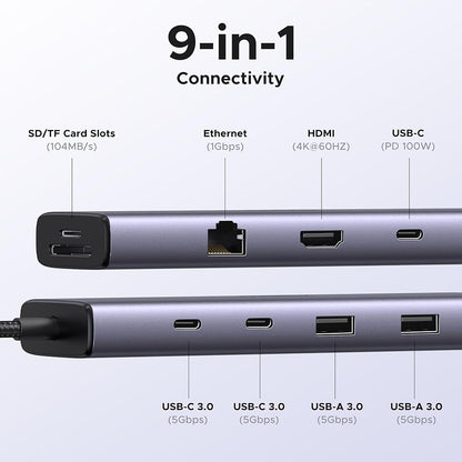 USB-C-hub UGREEN CM498 (15375), 2 x USB-A - 3 x USB-C - 1 x HDMI - 1 x RJ45 - 1 x SD - 1 x microSD, Grå