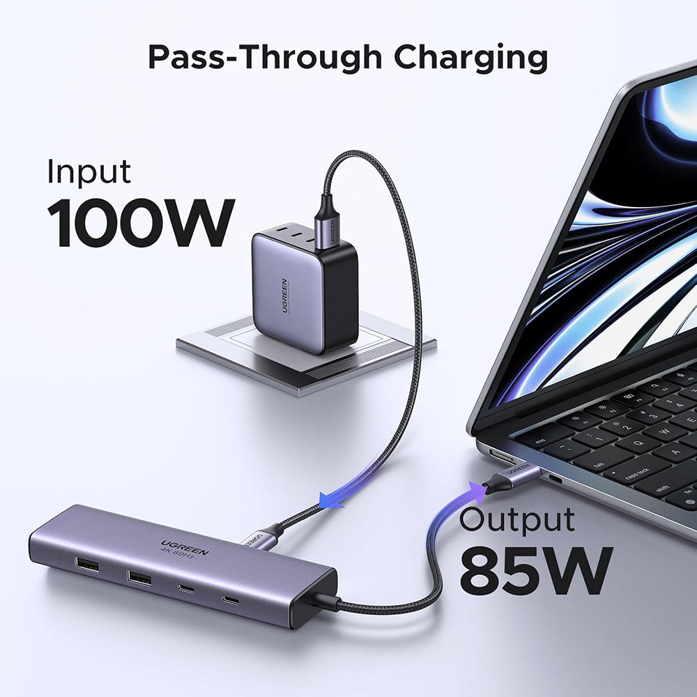 USB-C-hub UGREEN CM498 (15375), 2 x USB-A - 3 x USB-C - 1 x HDMI - 1 x RJ45 - 1 x SD - 1 x microSD, Grå