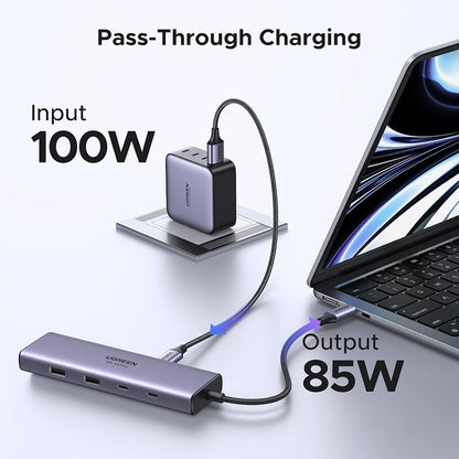 USB-C-hub UGREEN CM498 (15375), 2 x USB-A - 3 x USB-C - 1 x HDMI - 1 x RJ45 - 1 x SD - 1 x microSD, Grå