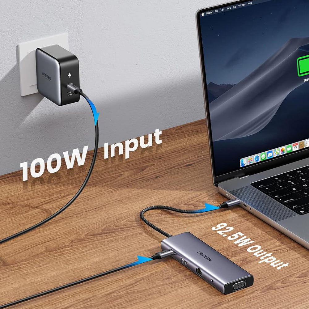 Hub USB-C UGREEN CM498 (15601), 3 x USB-A 3.0 - 1 x USB-C - 1 x HDMI - 1 x VGA - 1 x Jack 3.5mm - 1 x RJ45 - 1 x SD - 1 x microSD, Grå