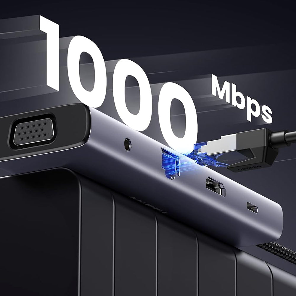 Hub USB-C UGREEN CM498 (15601), 3 x USB-A 3.0 - 1 x USB-C - 1 x HDMI - 1 x VGA - 1 x Jack 3.5mm - 1 x RJ45 - 1 x SD - 1 x microSD, Grå