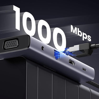 Hub USB-C UGREEN CM498 (15601), 3 x USB-A 3.0 - 1 x USB-C - 1 x HDMI - 1 x VGA - 1 x Jack 3.5mm - 1 x RJ45 - 1 x SD - 1 x microSD, Grå