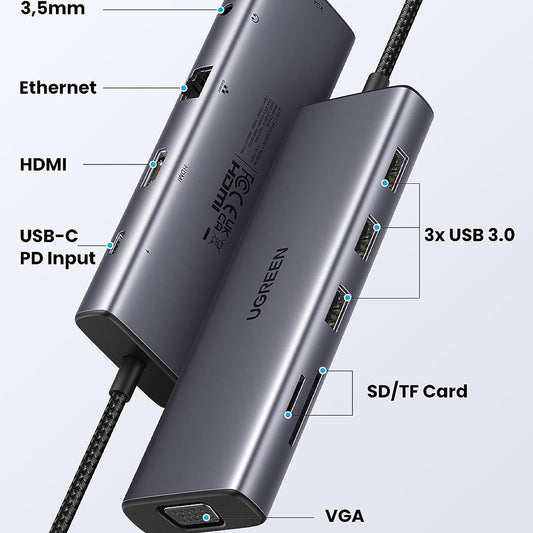 Hub USB-C UGREEN CM498 (15601), 3 x USB-A 3.0 - 1 x USB-C - 1 x HDMI - 1 x VGA - 1 x Jack 3.5mm - 1 x RJ45 - 1 x SD - 1 x microSD, Grå