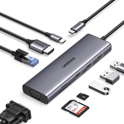 Hub USB-C UGREEN CM498 (15600), 3 x USB-A 3.0 - 1 x USB-C - 1 x HDMI - 1 x VGA - 1 x RJ45 - 1 x SD - 1 x microSD, Grå