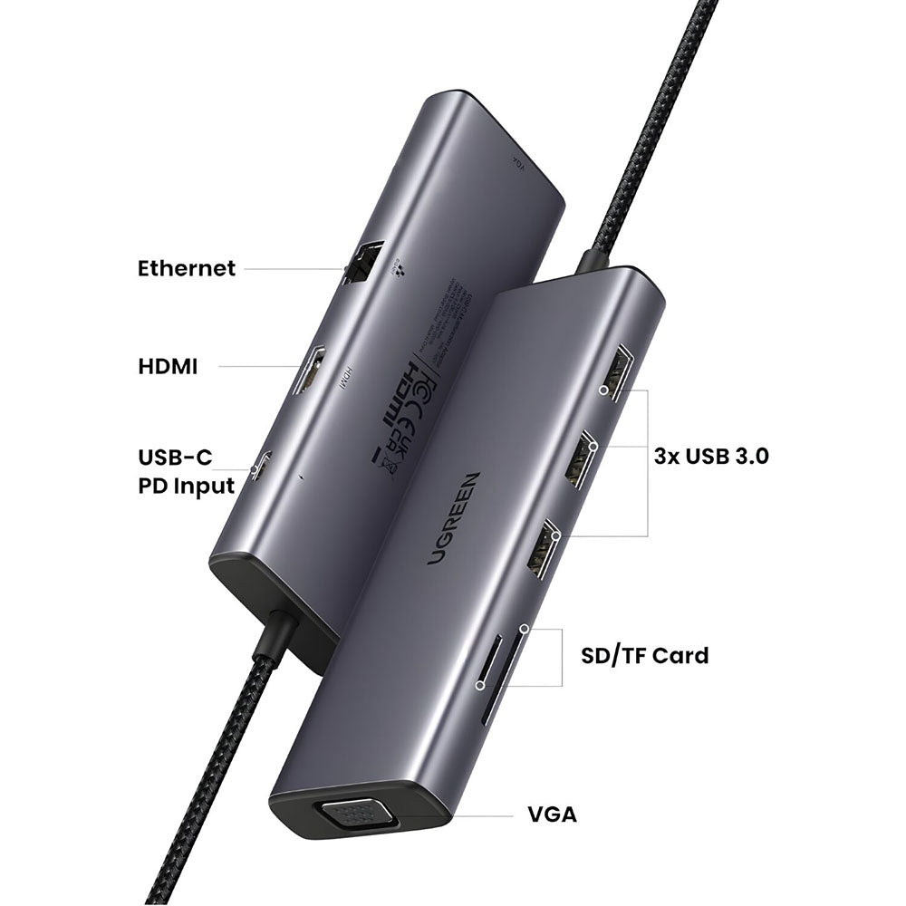 Hub USB-C UGREEN CM498 (15600), 3 x USB-A 3.0 - 1 x USB-C - 1 x HDMI - 1 x VGA - 1 x RJ45 - 1 x SD - 1 x microSD, Grå