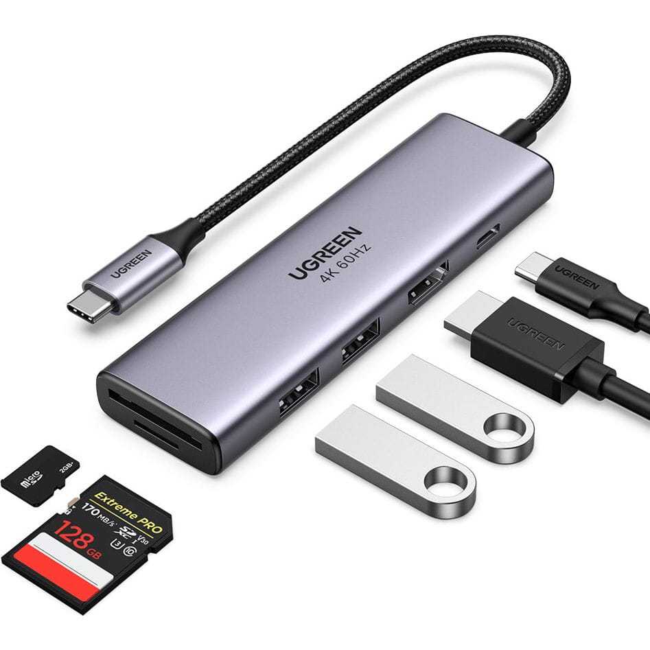 Hub USB-C UGREEN CM511 (60384), 2 x USB-A 3.0 - 1 x USB-C - 1 x HDMI - 1 x SD - 1 x microSD, Grå