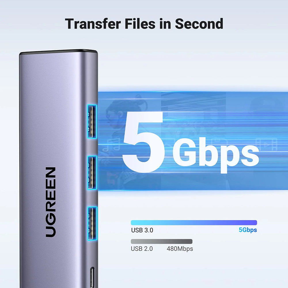 Hub USB-C UGREEN CM511 (15596), 3 x USB-A 3.0 - 1 x USB-C - 1 x HDMI, Grå