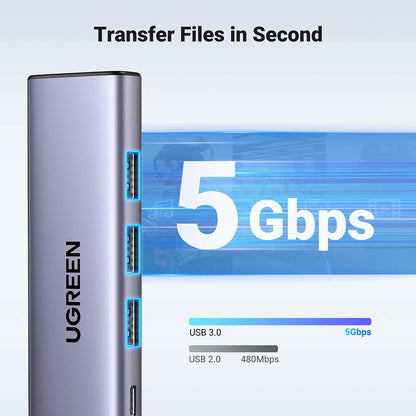 Hub USB-C UGREEN CM511 (15596), 3 x USB-A 3.0 - 1 x USB-C - 1 x HDMI, Grå