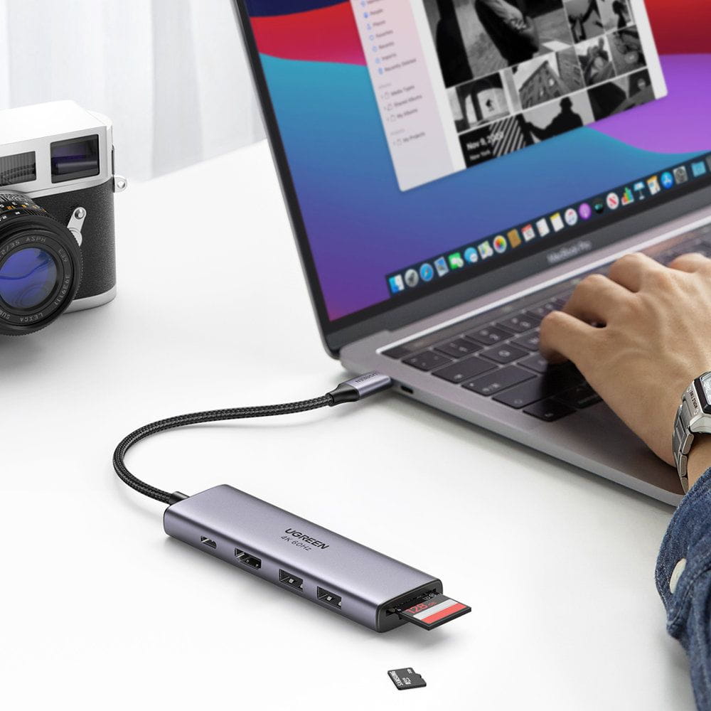 Hub USB-C UGREEN CM511 (60384), 2 x USB-A 3.0 - 1 x USB-C - 1 x HDMI - 1 x SD - 1 x microSD, Grå
