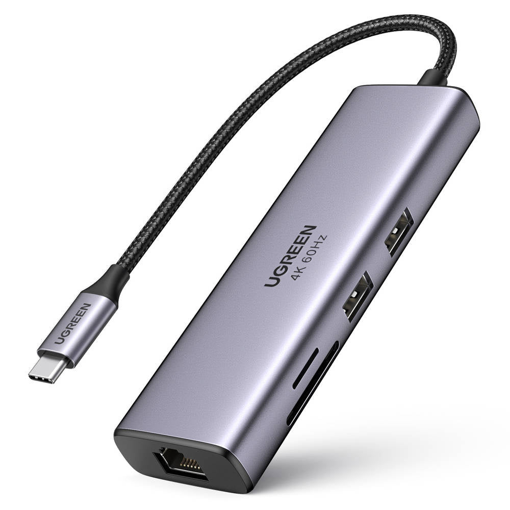 Hub USB-C UGREEN CM512 (60515), 2 x USB-A 3.0 - 1 x USB-C - 1 x HDMI - 1 x SD - 1 x microSD - 1 x RJ45, Grå