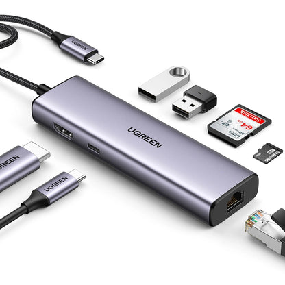 Hub USB-C UGREEN CM512, 2 x USB-A 3.0 - 1 x USB-C - 1 x HDMI - 1 x SD - 1 x microSD - RJ45, Grå