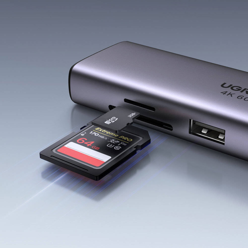 Hub USB-C UGREEN CM512 (60515), 2 x USB-A 3.0 - 1 x USB-C - 1 x HDMI - 1 x SD - 1 x microSD - 1 x RJ45, Grå