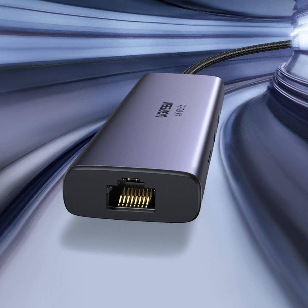 Hub USB-C UGREEN CM512 (60515), 2 x USB-A 3.0 - 1 x USB-C - 1 x HDMI - 1 x SD - 1 x microSD - 1 x RJ45, Grå