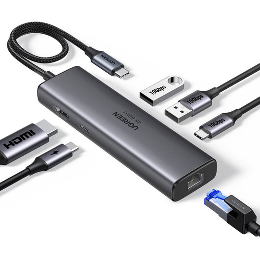 Hub USB-C UGREEN CM512 (45000), 2 x USB-A 3.2 - 2 x USB-C - 1 x HDMI - 1 x RJ45, Grå