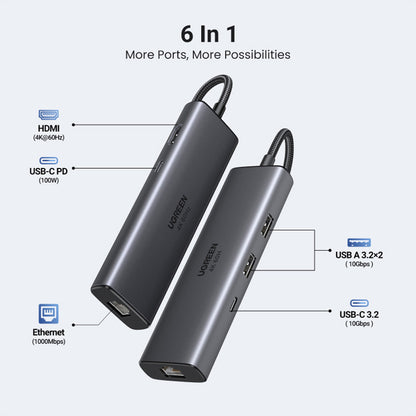 Hub USB-C UGREEN CM512 (45000), 2 x USB-A 3.2 - 2 x USB-C - 1 x HDMI - 1 x RJ45, Grå