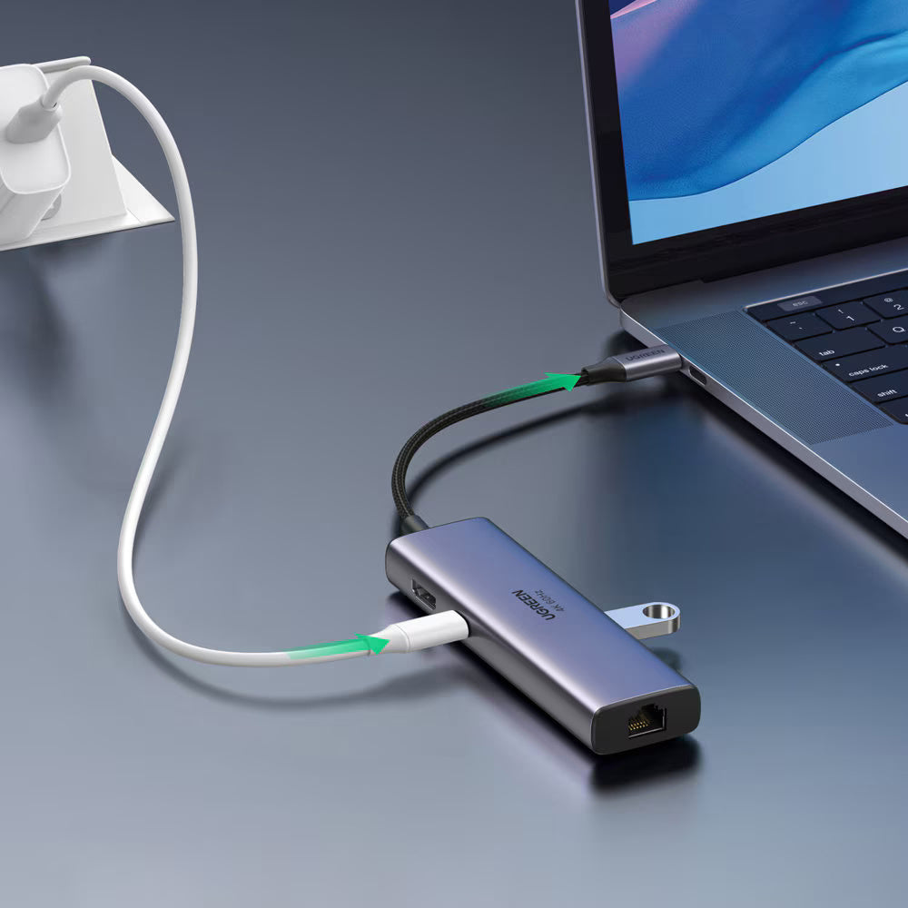 Hub USB-C UGREEN CM512 (60515), 2 x USB-A 3.0 - 1 x USB-C - 1 x HDMI - 1 x SD - 1 x microSD - 1 x RJ45, Grå