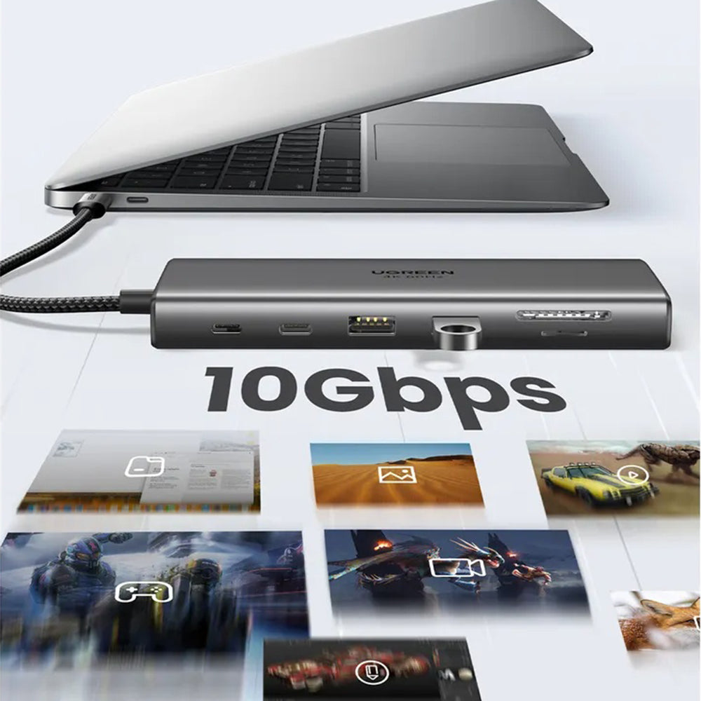 Hub USB-C UGREEN CM639 (45520), 2 x USB-A 3.2 - 3 x USB-C - 1 x HDMI - 1 x VGA - 1 x Jack 3.5mm - 1 x RJ45 - 1 x SD - 1 x microSD, Grå