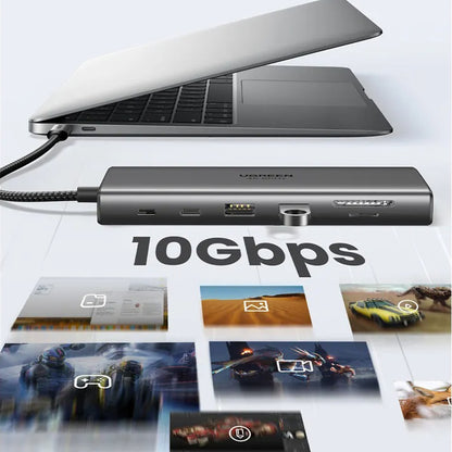 Hub USB-C UGREEN CM639 (45520), 2 x USB-A 3.2 - 3 x USB-C - 1 x HDMI - 1 x VGA - 1 x Jack 3.5mm - 1 x RJ45 - 1 x SD - 1 x microSD, Grå