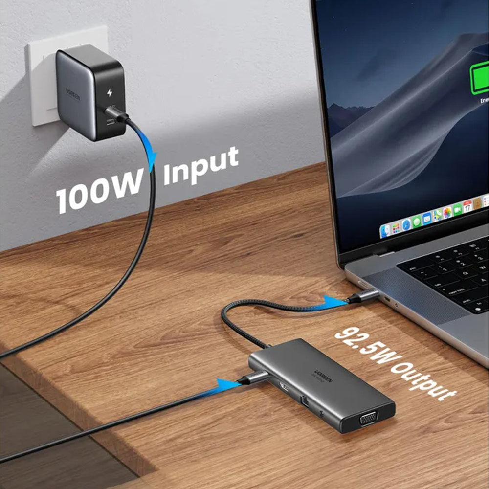 Hub USB-C UGREEN CM639 (45520), 2 x USB-A 3.2 - 3 x USB-C - 1 x HDMI - 1 x VGA - 1 x Jack 3.5mm - 1 x RJ45 - 1 x SD - 1 x microSD, Grå