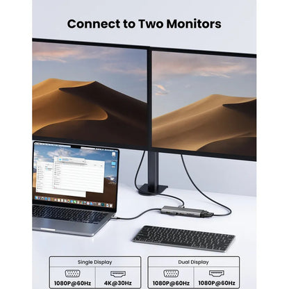 Hub USB-C UGREEN CM639 (45520), 2 x USB-A 3.2 - 3 x USB-C - 1 x HDMI - 1 x VGA - 1 x Jack 3.5mm - 1 x RJ45 - 1 x SD - 1 x microSD, Grå