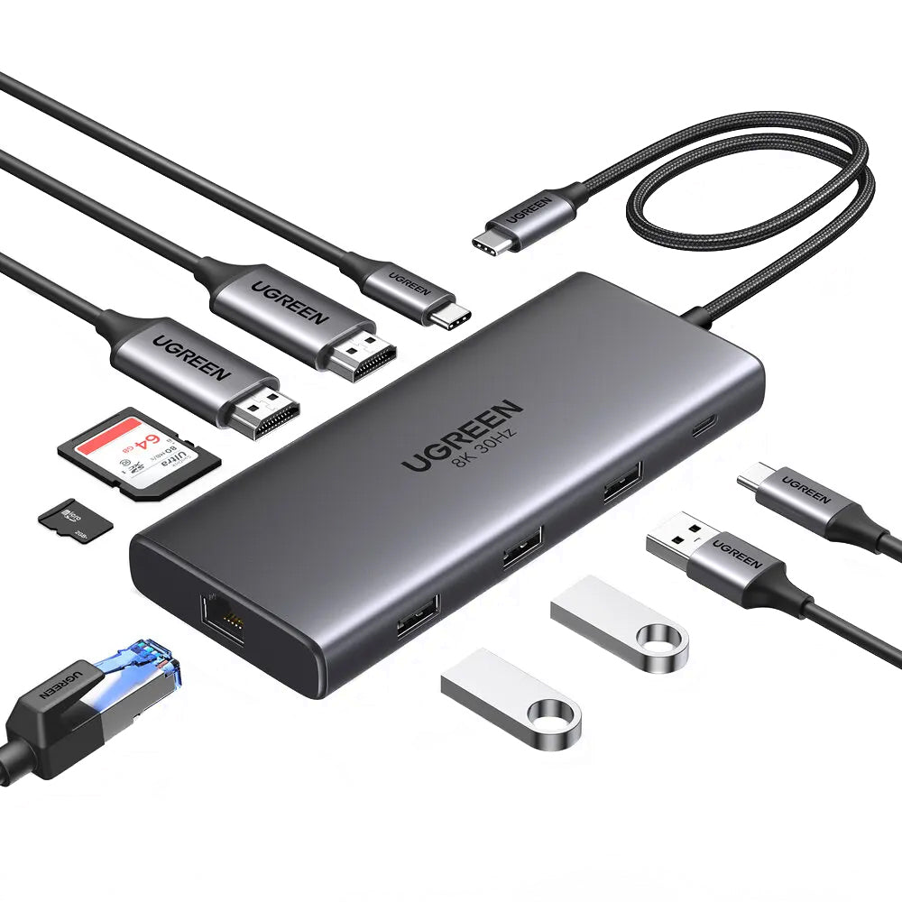 Hub USB-C UGREEN Revodok Pro 210 CM639, 1 x USB-A 3.0 - 2 x USB-A - 2 x USB-C - 2 x HDMI - 1 x RJ45 - 1 x SD - 1 x microSD, Grå