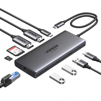 Hub USB-C UGREEN Revodok Pro 210 CM639, 1 x USB-A 3.0 - 2 x USB-A - 2 x USB-C - 2 x HDMI - 1 x RJ45 - 1 x SD - 1 x microSD, Grå