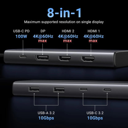Hub USB-C UGREEN Revodok 308 CM639, 2 x USB-A 3.2 - 3 x USB-C - 1 x Display Port - 2 x HDMI, Grå