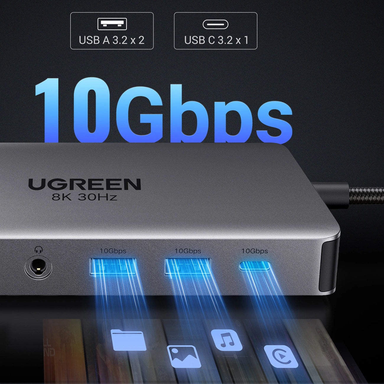 Hub USB-C UGREEN Revodok Pro 313 CM681, 2 x USB-A 3.2 - 1 x USB-A 3.0 - 2 x USB-C - 2 x HDMI - 1 x Jack 3.5mm - 1 x RJ45 - 1 x SD - 1 x microSD, Grå