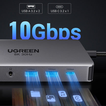Hub USB-C UGREEN Revodok Pro 313 CM681, 2 x USB-A 3.2 - 1 x USB-A 3.0 - 2 x USB-C - 2 x HDMI - 1 x Jack 3.5mm - 1 x RJ45 - 1 x SD - 1 x microSD, Grå
