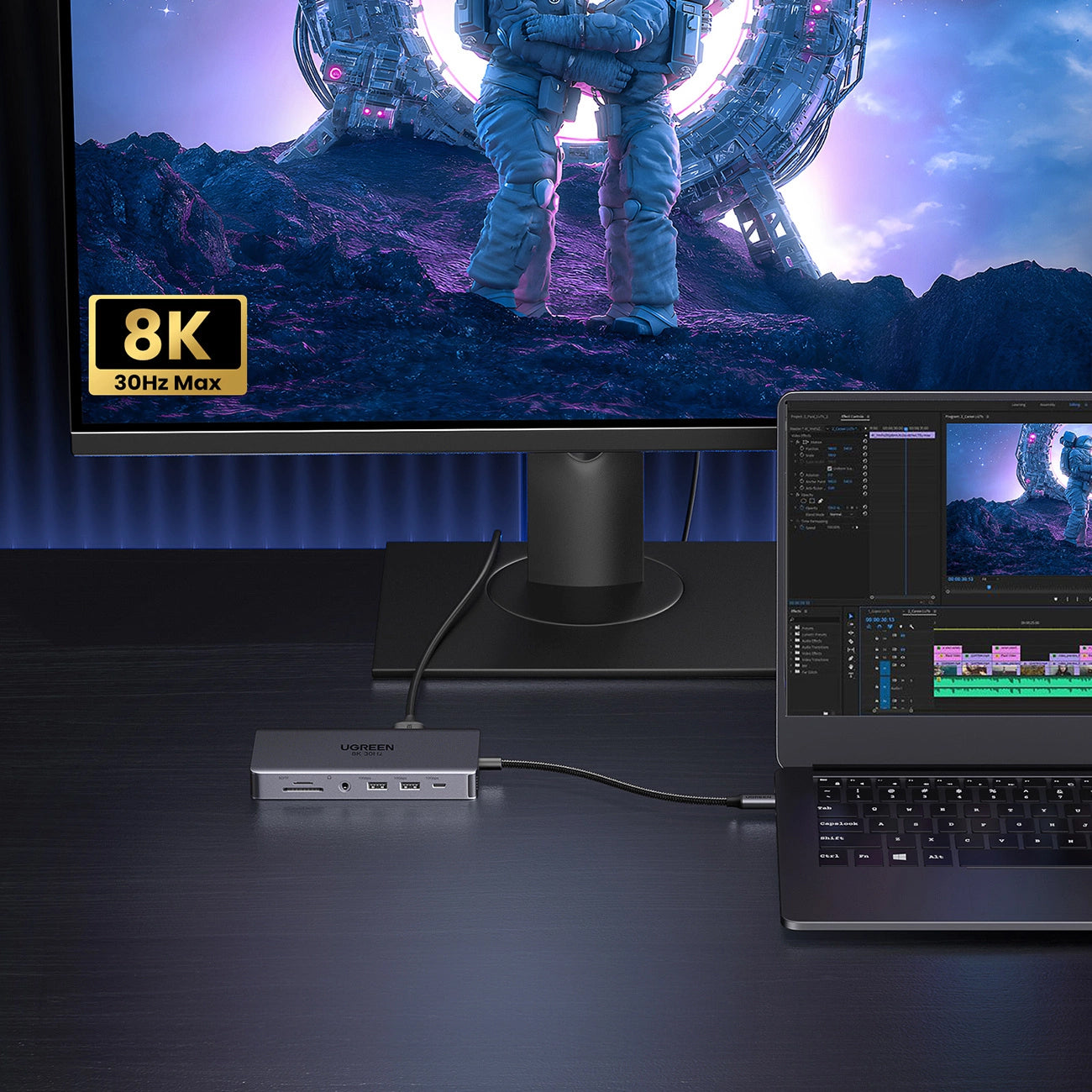 Hub USB-C UGREEN Revodok Pro 313 CM681, 2 x USB-A 3.2 - 1 x USB-A 3.0 - 2 x USB-C - 2 x HDMI - 1 x Jack 3.5mm - 1 x RJ45 - 1 x SD - 1 x microSD, Grå