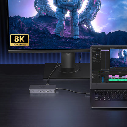 Hub USB-C UGREEN Revodok Pro 313 CM681, 2 x USB-A 3.2 - 1 x USB-A 3.0 - 2 x USB-C - 2 x HDMI - 1 x Jack 3.5mm - 1 x RJ45 - 1 x SD - 1 x microSD, Grå