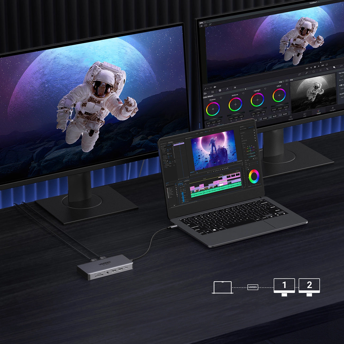 Hub USB-C UGREEN Revodok Pro 313 CM681, 2 x USB-A 3.2 - 1 x USB-A 3.0 - 2 x USB-C - 2 x HDMI - 1 x Jack 3.5mm - 1 x RJ45 - 1 x SD - 1 x microSD, Grå