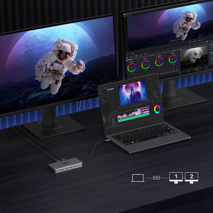 Hub USB-C UGREEN Revodok Pro 313 CM681, 2 x USB-A 3.2 - 1 x USB-A 3.0 - 2 x USB-C - 2 x HDMI - 1 x Jack 3.5mm - 1 x RJ45 - 1 x SD - 1 x microSD, Grå