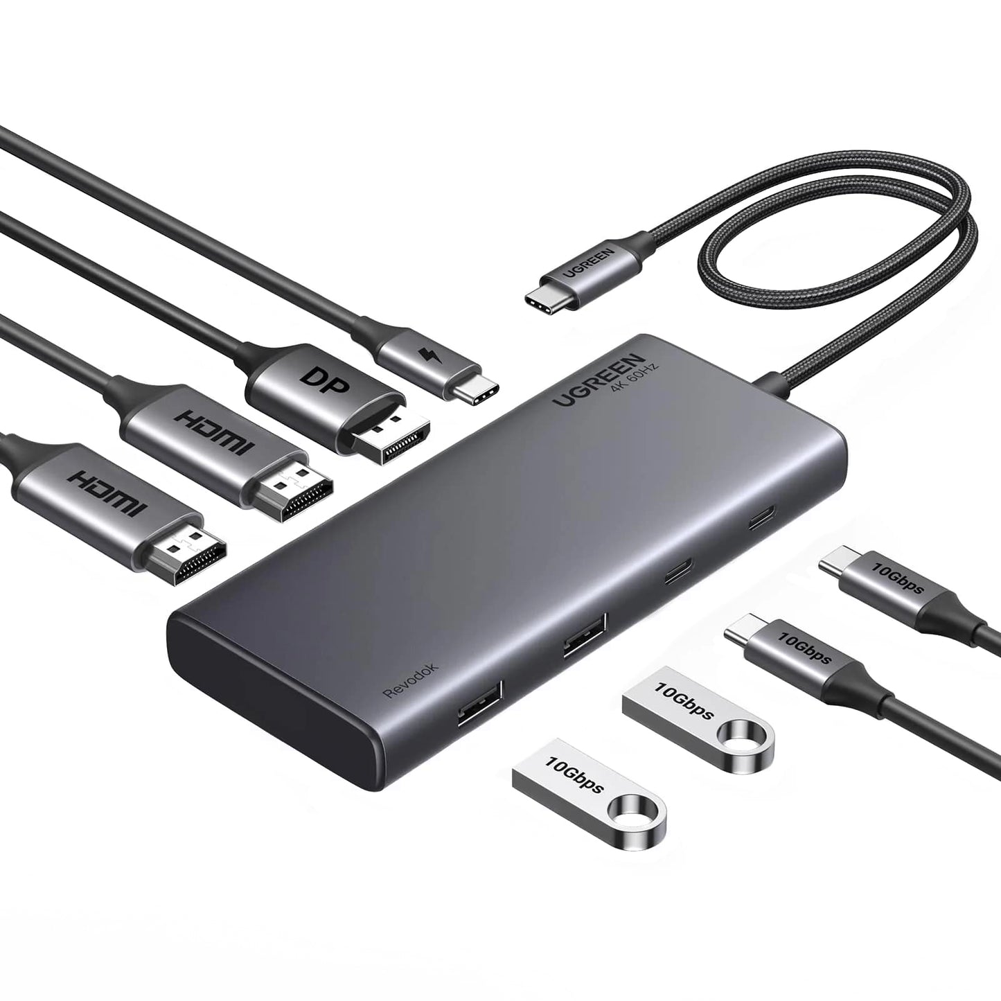 Hub USB-C UGREEN Revodok 308 CM639, 2 x USB-A 3.2 - 3 x USB-C - 1 x Display Port - 2 x HDMI, Grå