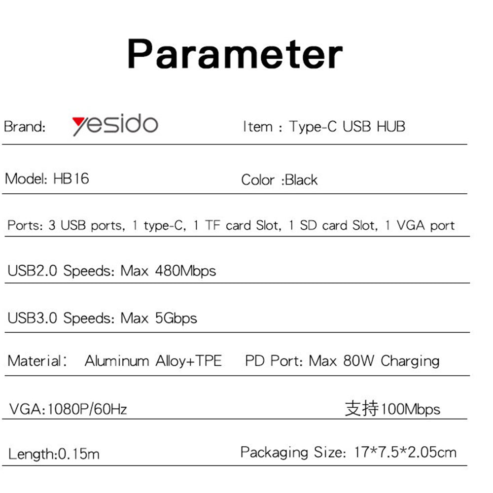 Hub USB-C Yesido HB16, 7in1, Grå