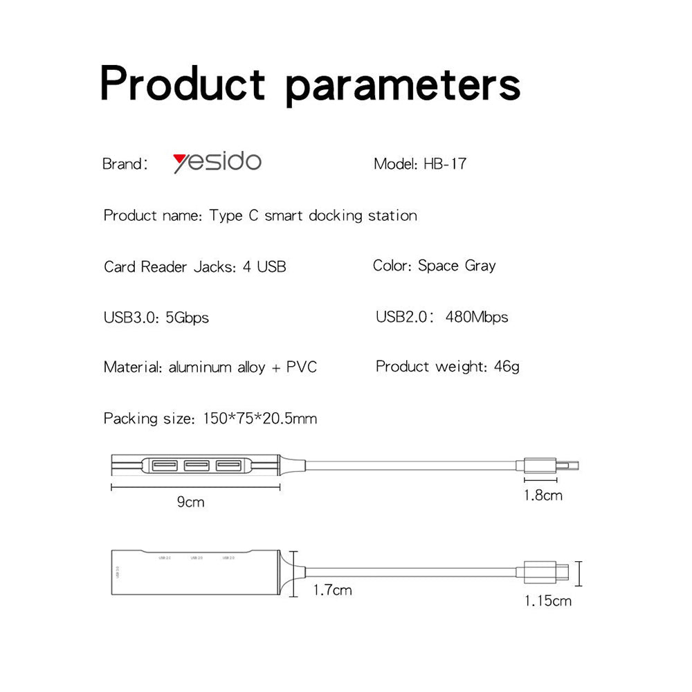Hub USB-C Yesido HB17, 4in1, Grå