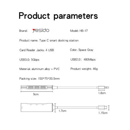 Hub USB-C Yesido HB17, 4in1, Grå