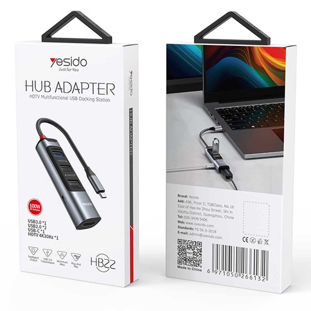 Hub USB-C Yesido HB22, 5in1, Grå