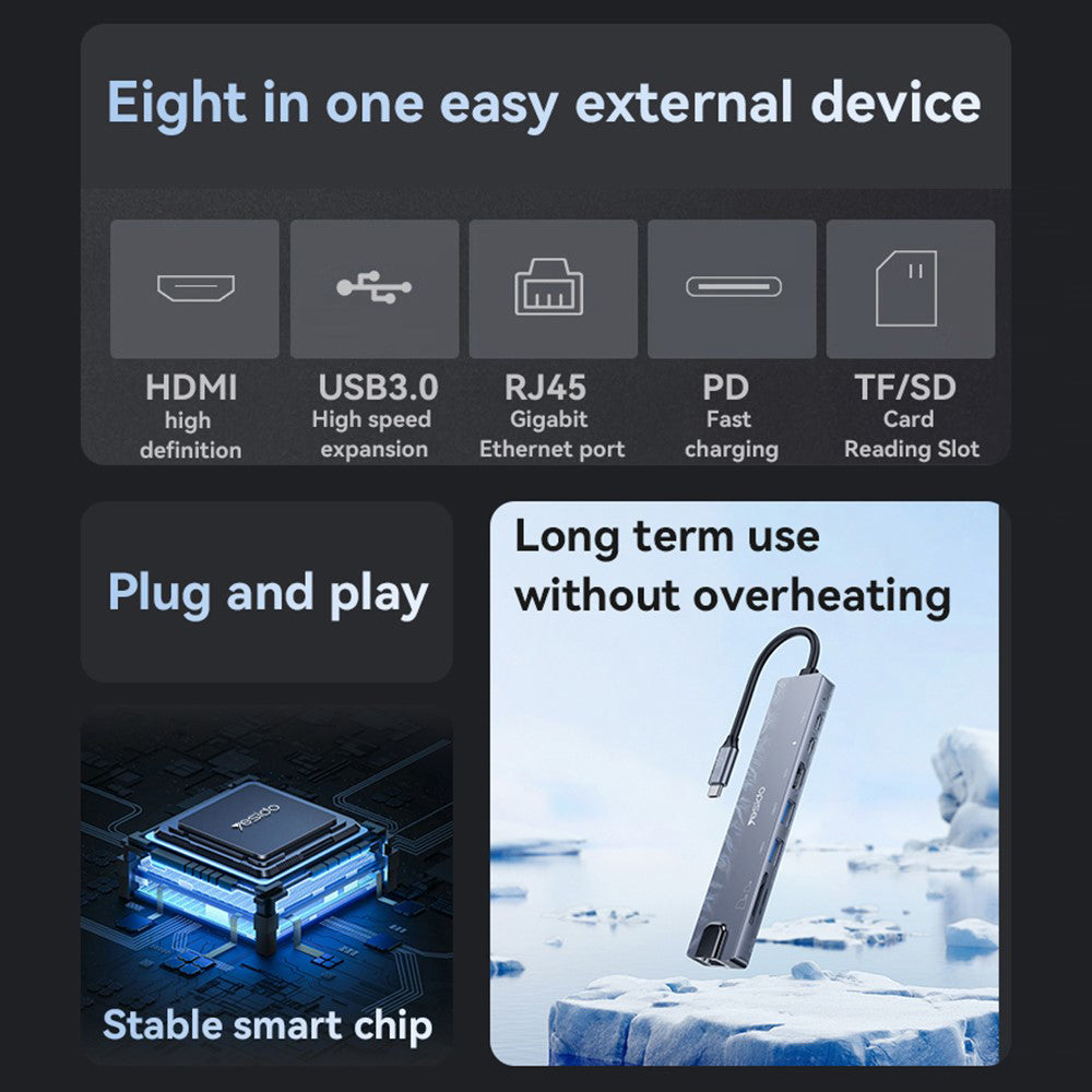 Hub USB-C Yesido HB27, 8in1, Grå